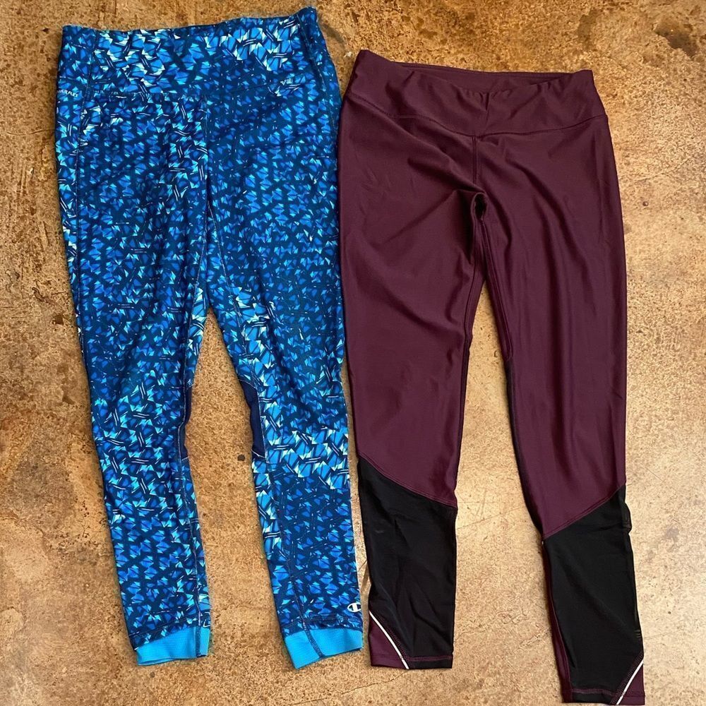 Champion blue geometric leggings and Gottex wine red leggings 2 pack